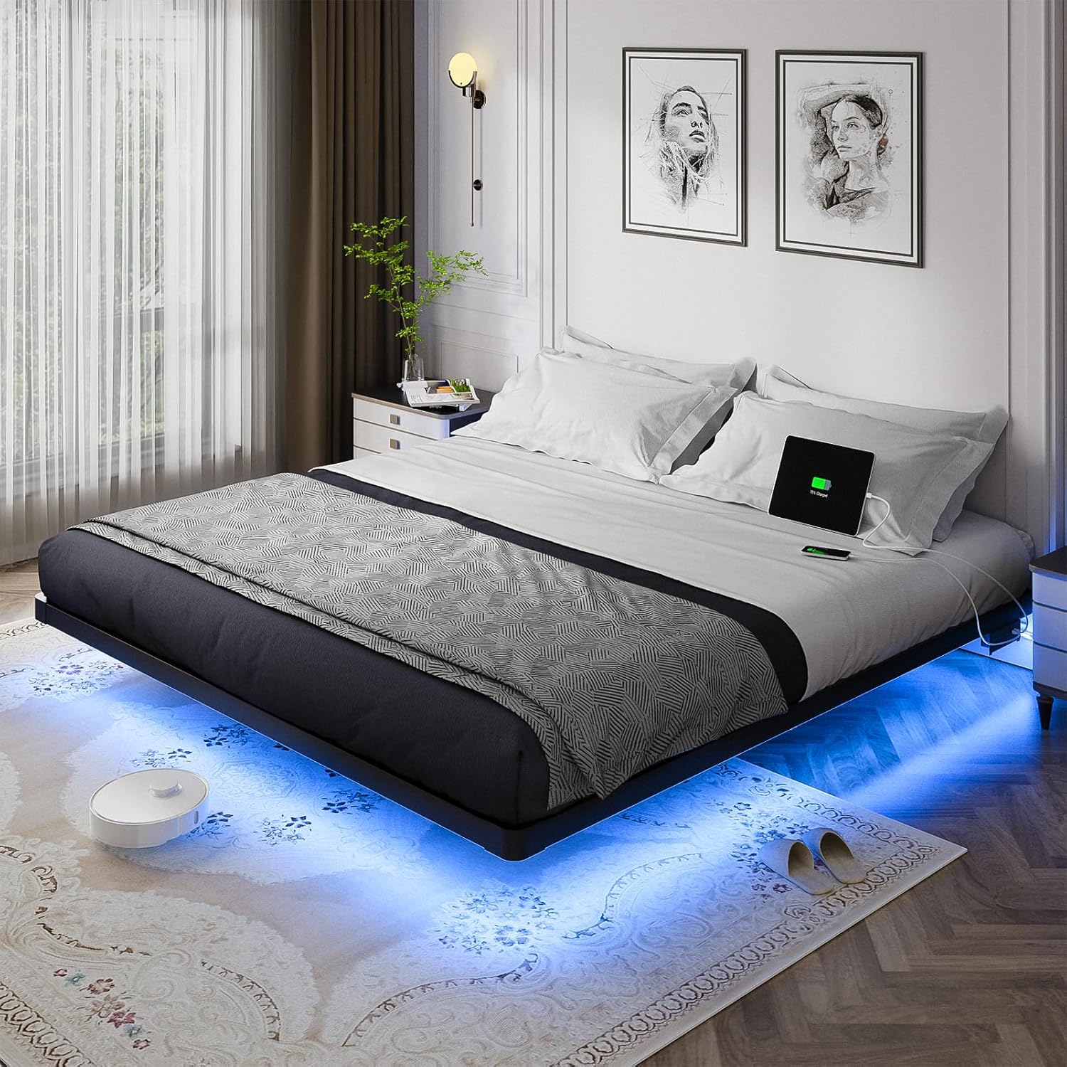 OLEVS Floating Bed Frame Full Size with Smart LED Lights
