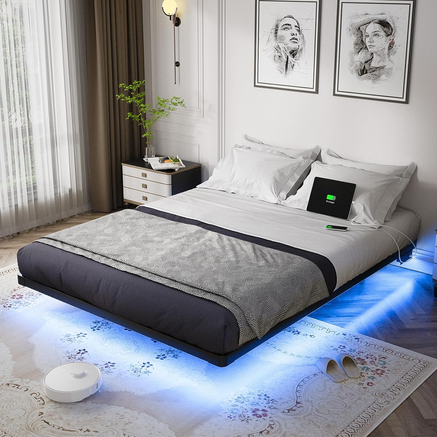 OLEVS Floating Bed Frame Full Size with Smart LED Lights