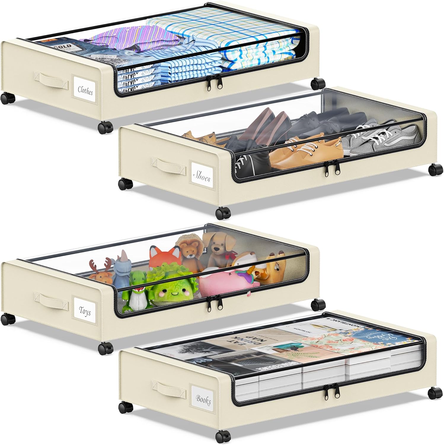 Under Bed Storage with Wheels with Clear Lids & Label