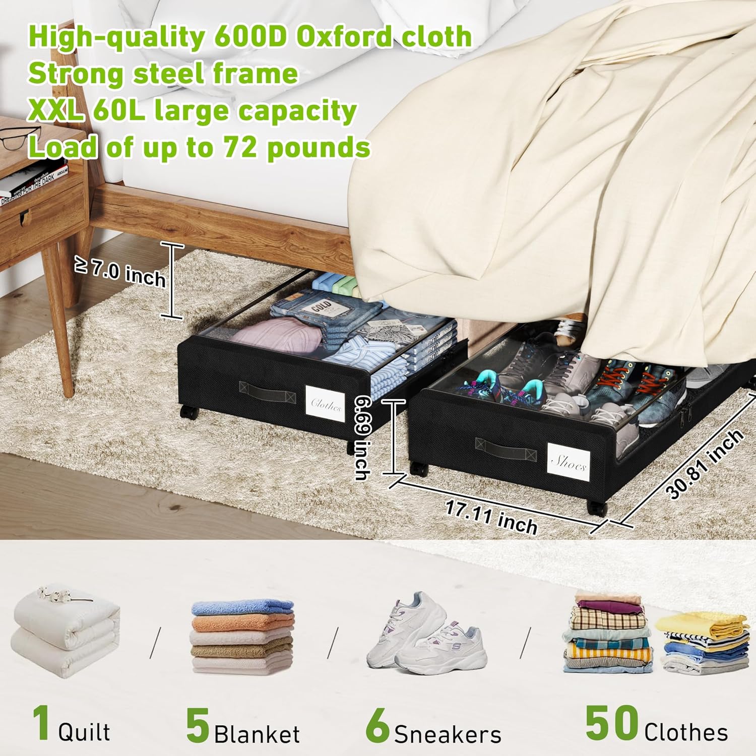 Under Bed Storage with Wheels with Clear Lids & Label