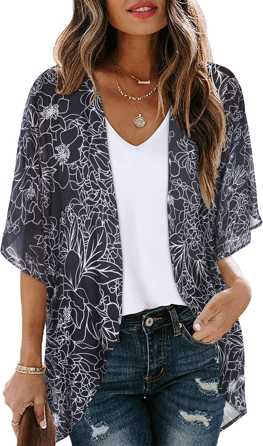 Women’s Floral Puff Sleeve Kimono Cardigan