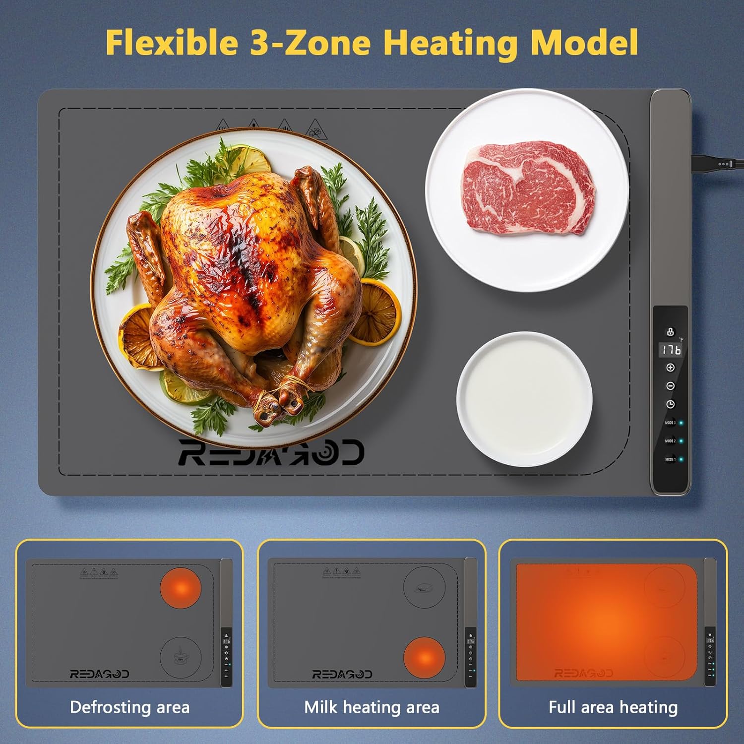 Food Warming Mat with 3-Zone Heating Mode