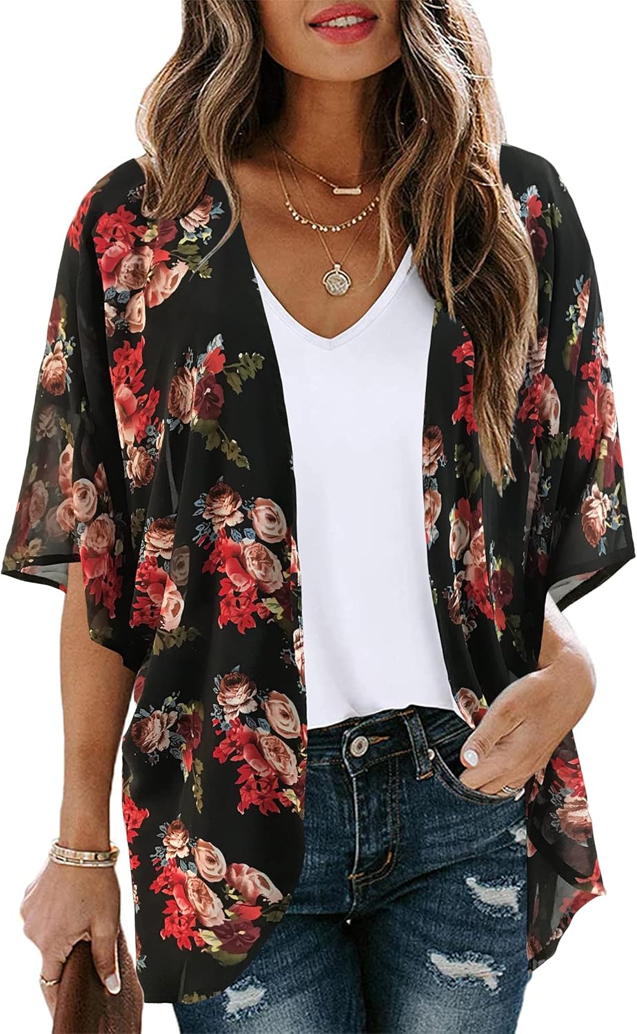 Women’s Floral Puff Sleeve Kimono Cardigan