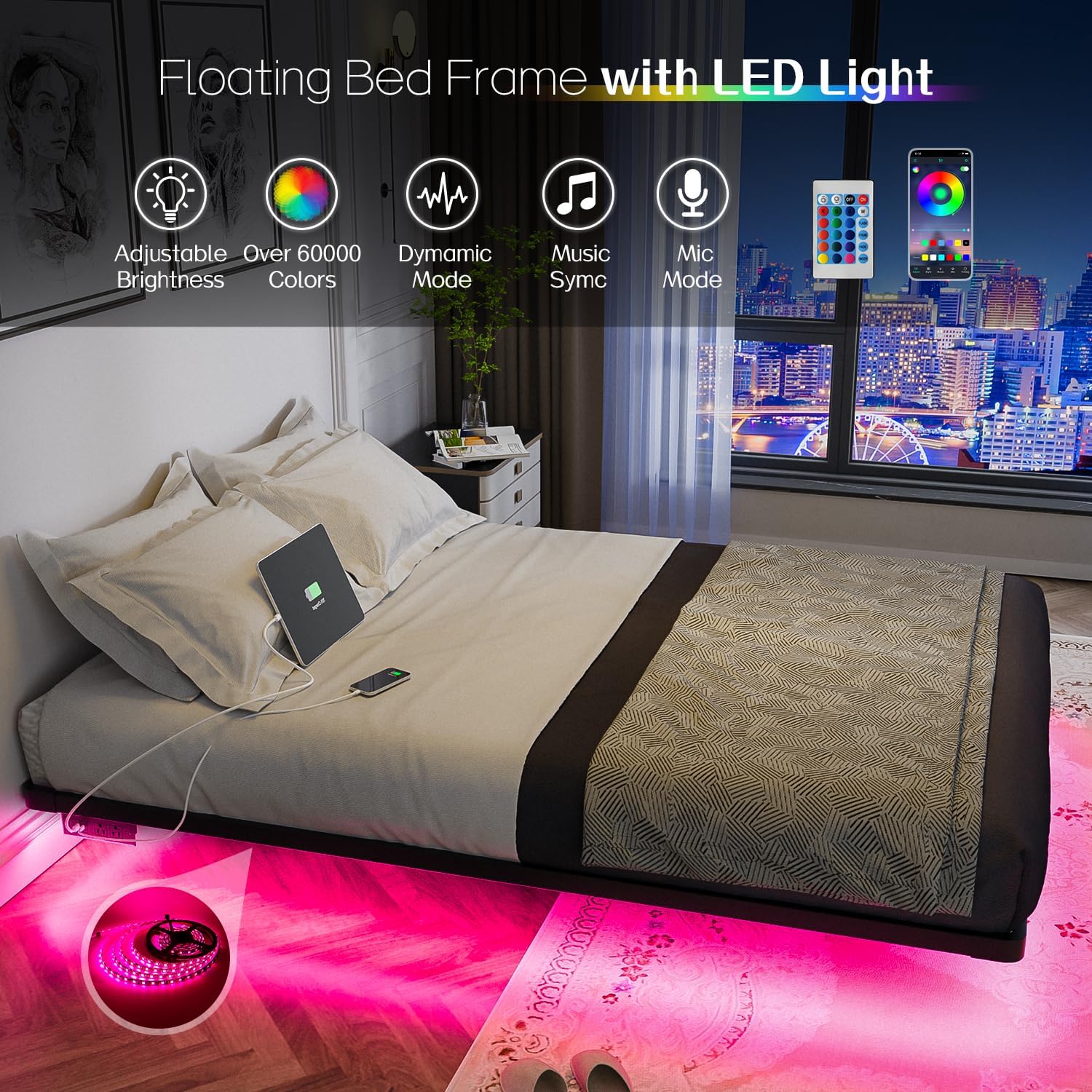 OLEVS Floating Bed Frame Full Size with Smart LED Lights
