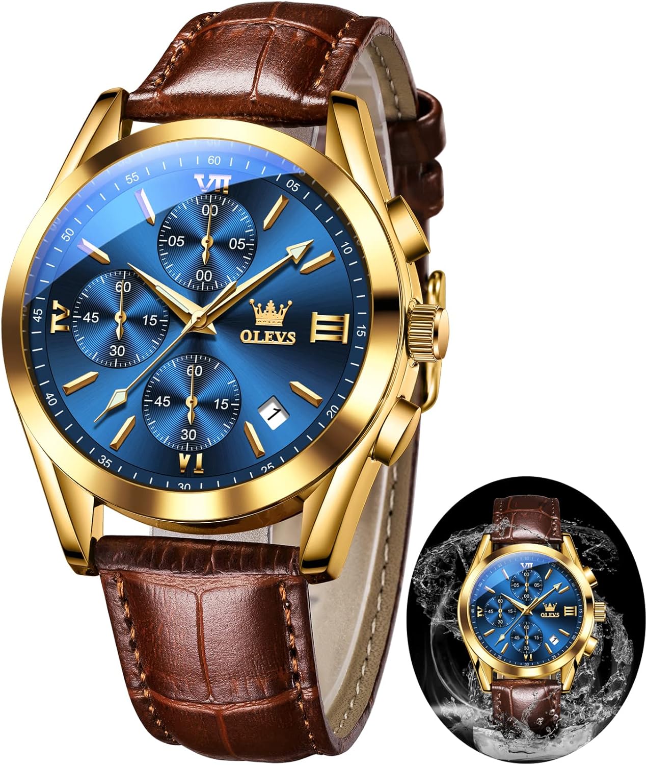 OLEVS Leather Chronograph Watch Men Leather Strap