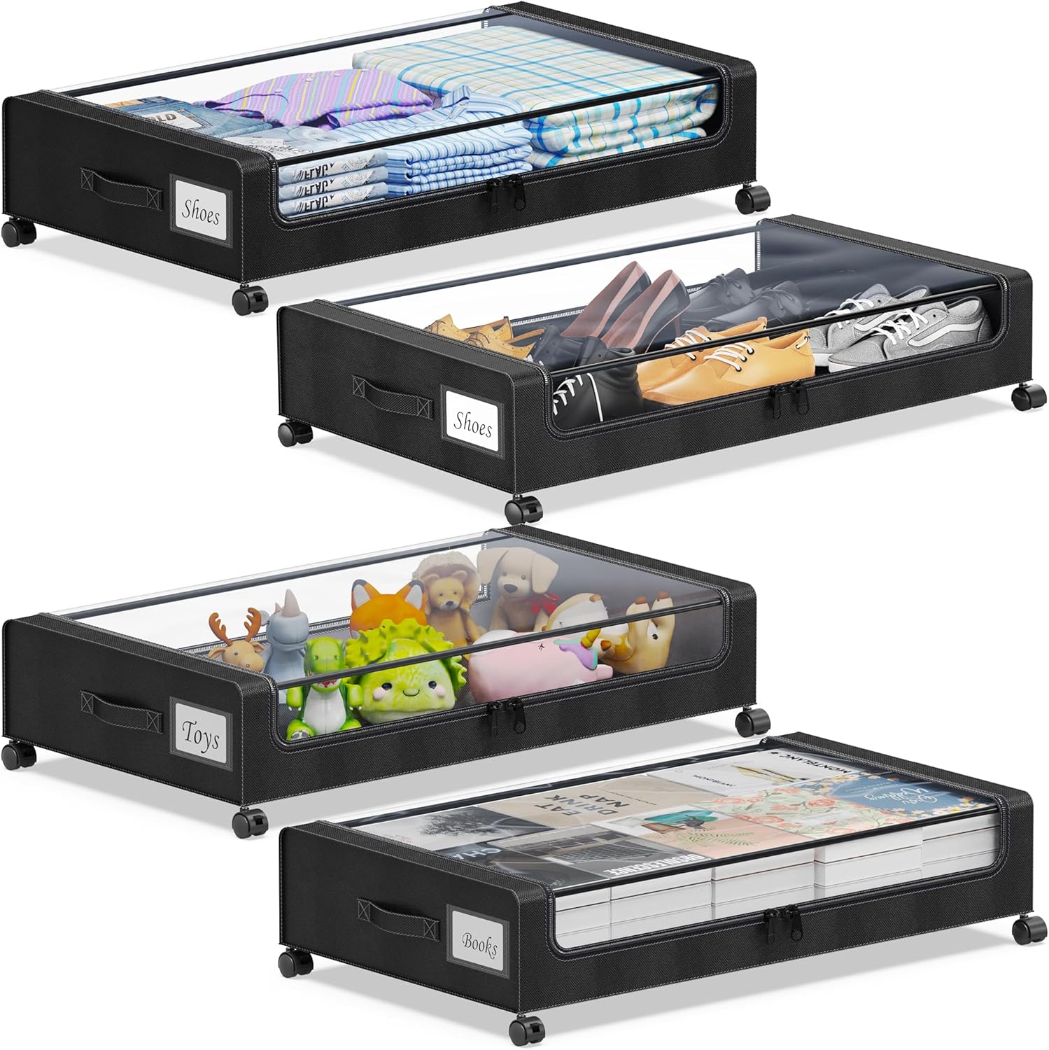 Under Bed Storage with Wheels with Clear Lids & Label