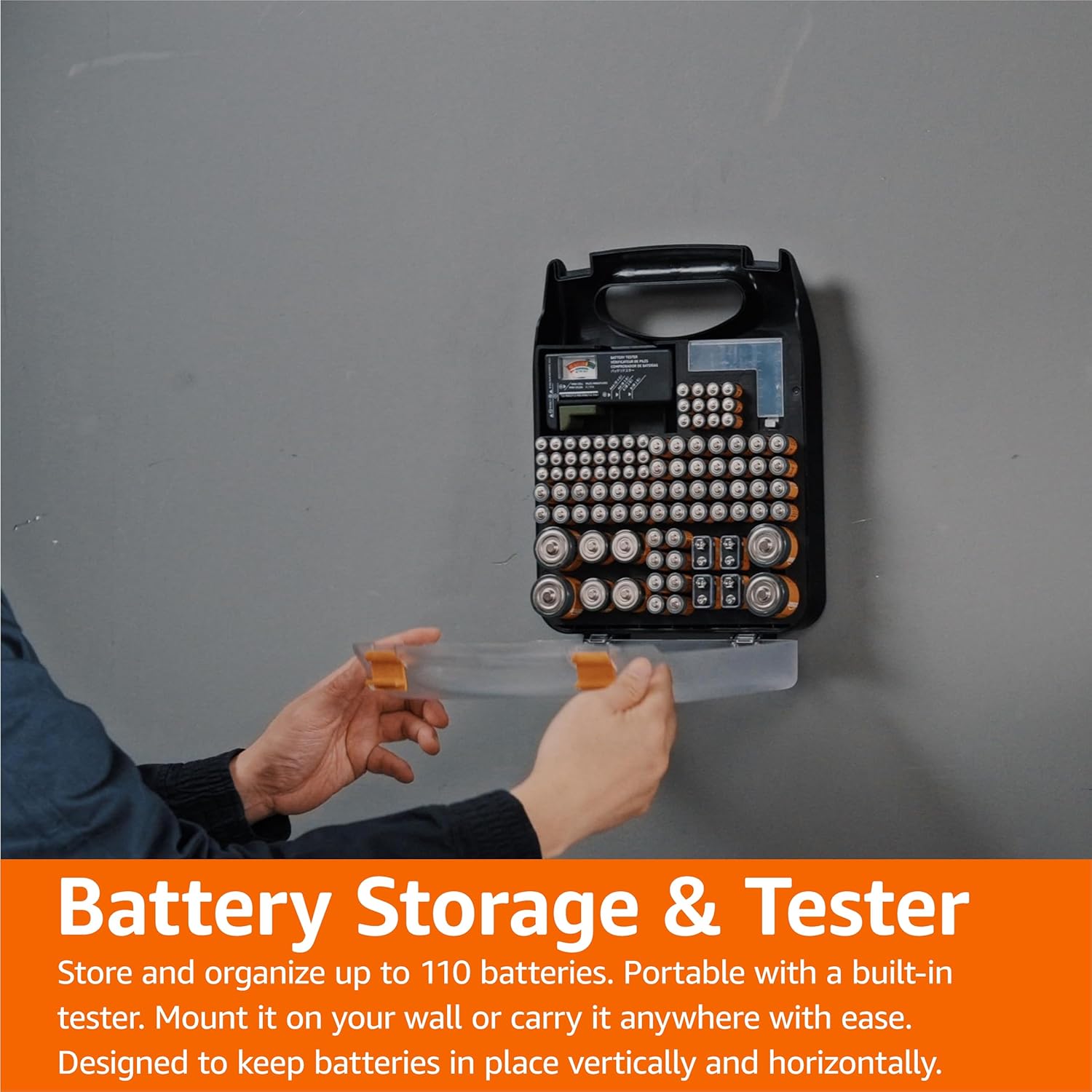 Battery Organizer with Tester, Wall-Mounted Design
