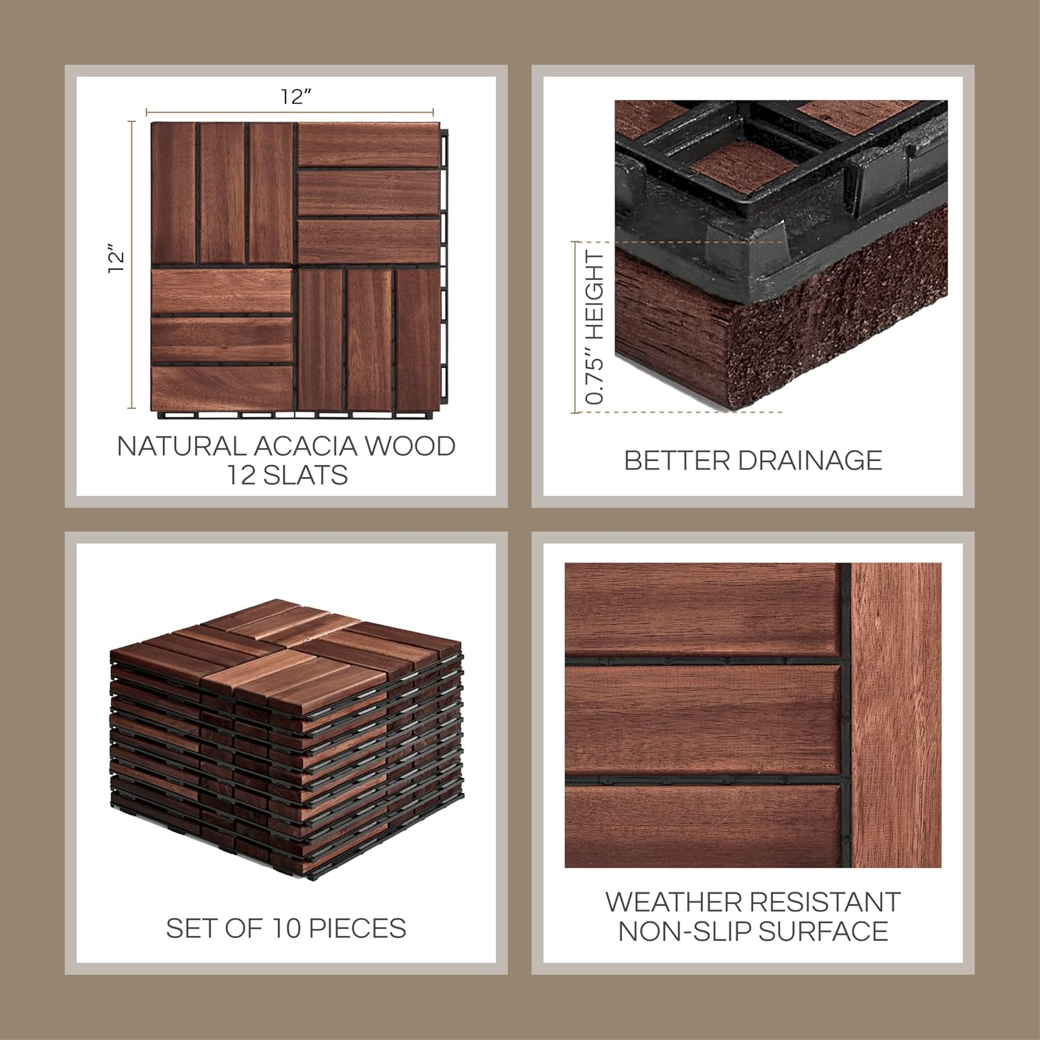 Deck Tiles Patio Flooring - Outdoor Waterproof Acacia Wood Tiles