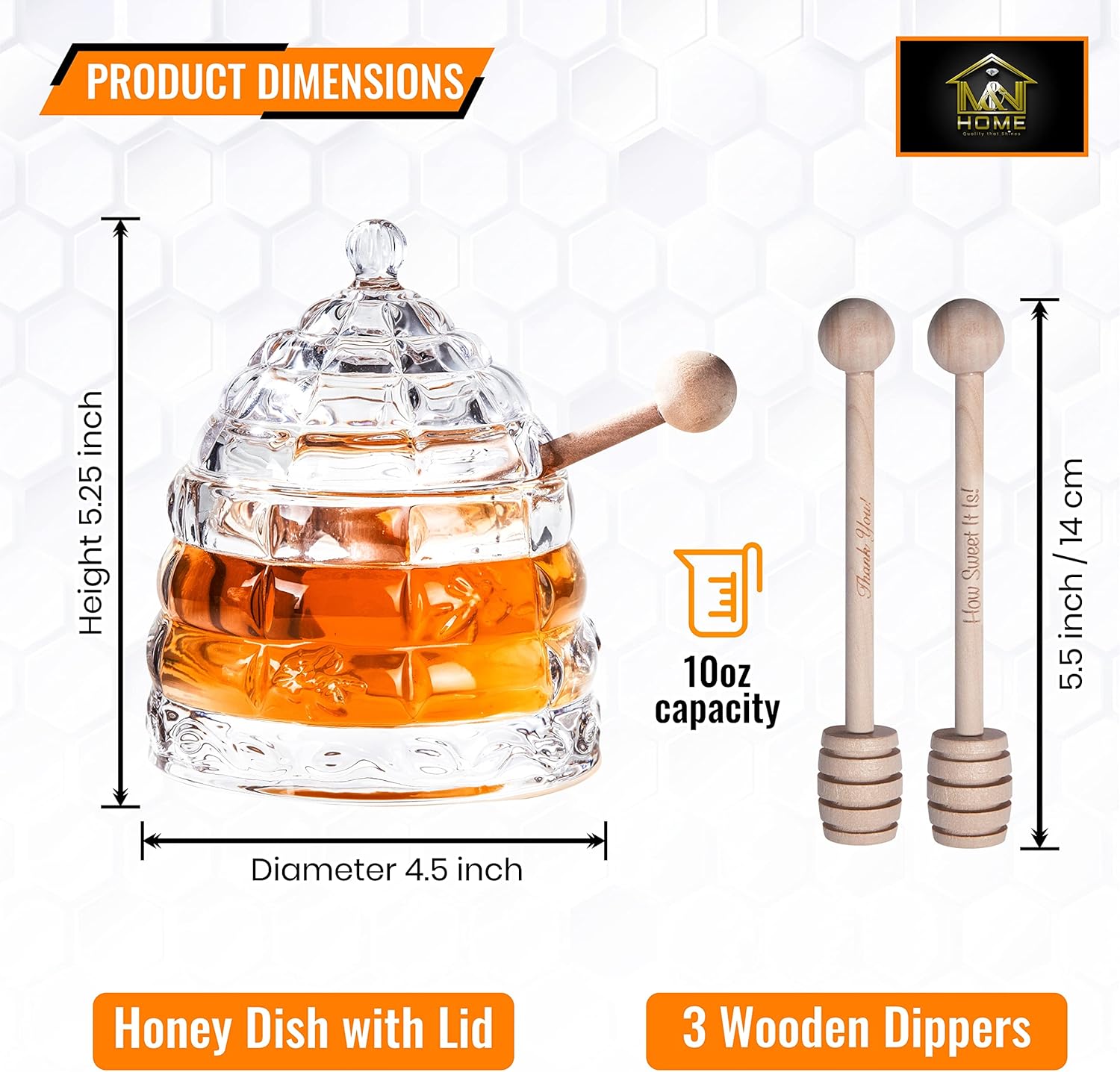 M&N HOME Honey Dish with 3 Dippers Honey Jar
