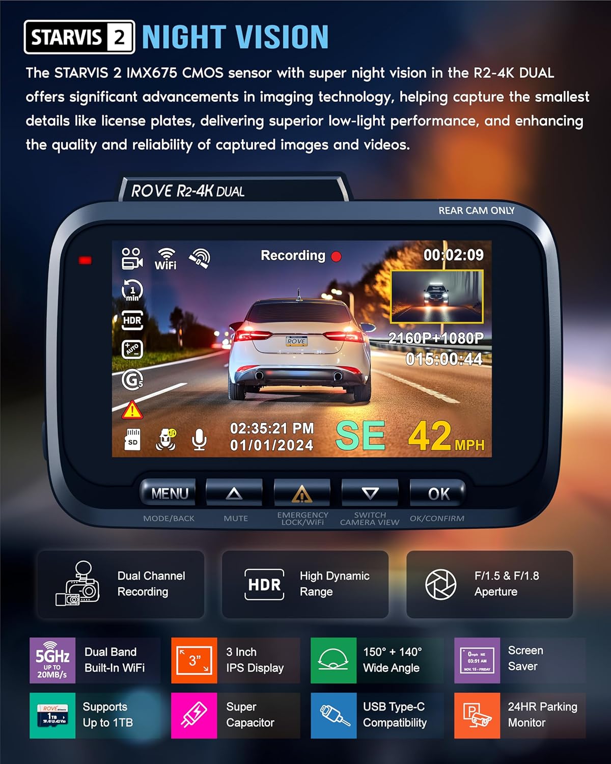 ROVE R2-4K Dual Dash Cam – 4K Front/Rear