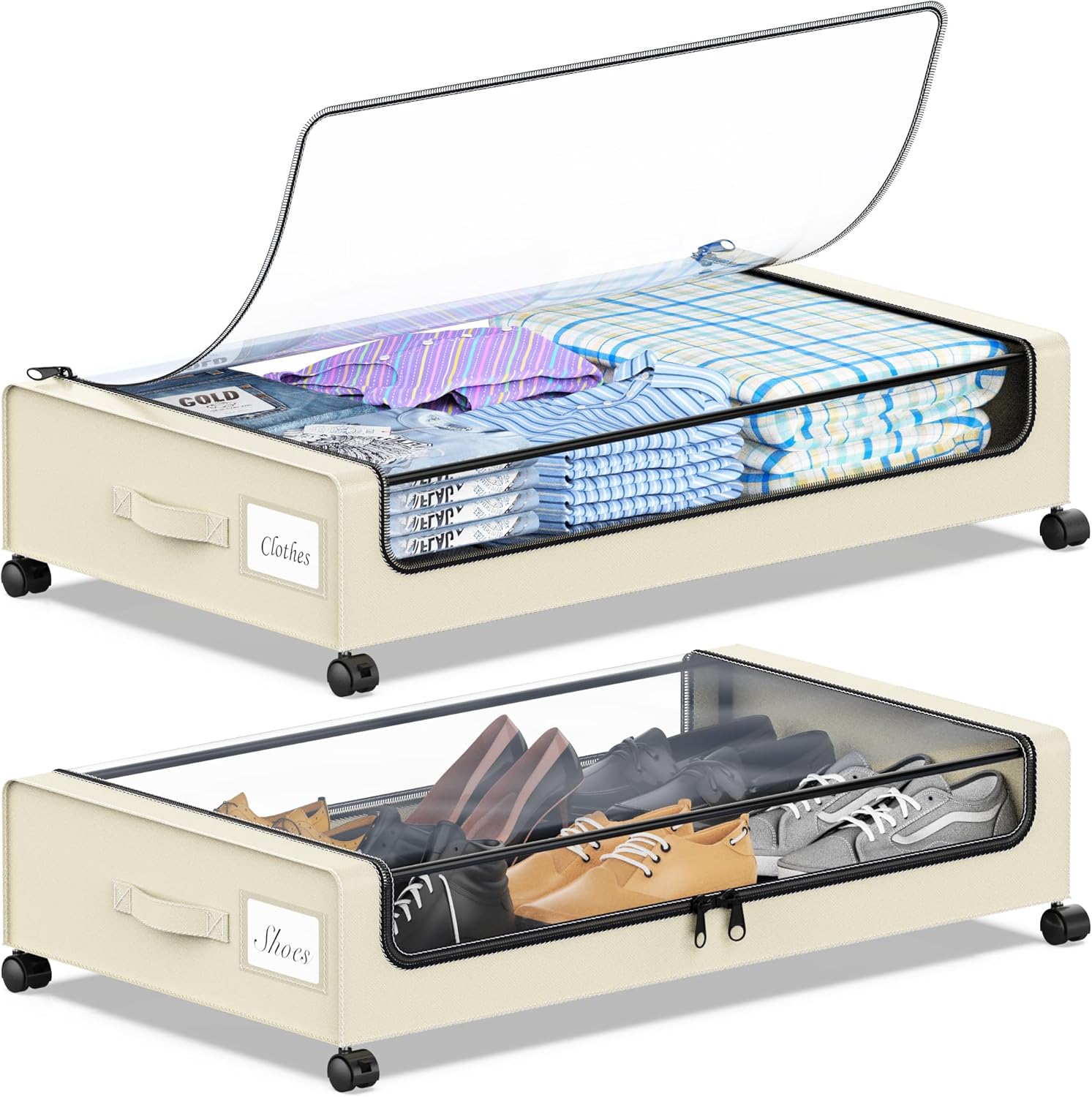 Under Bed Storage with Wheels with Clear Lids & Label