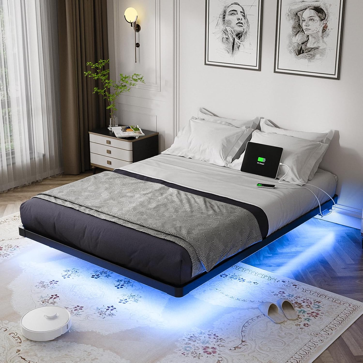 OLEVS Floating Bed Frame Full Size with Smart LED Lights