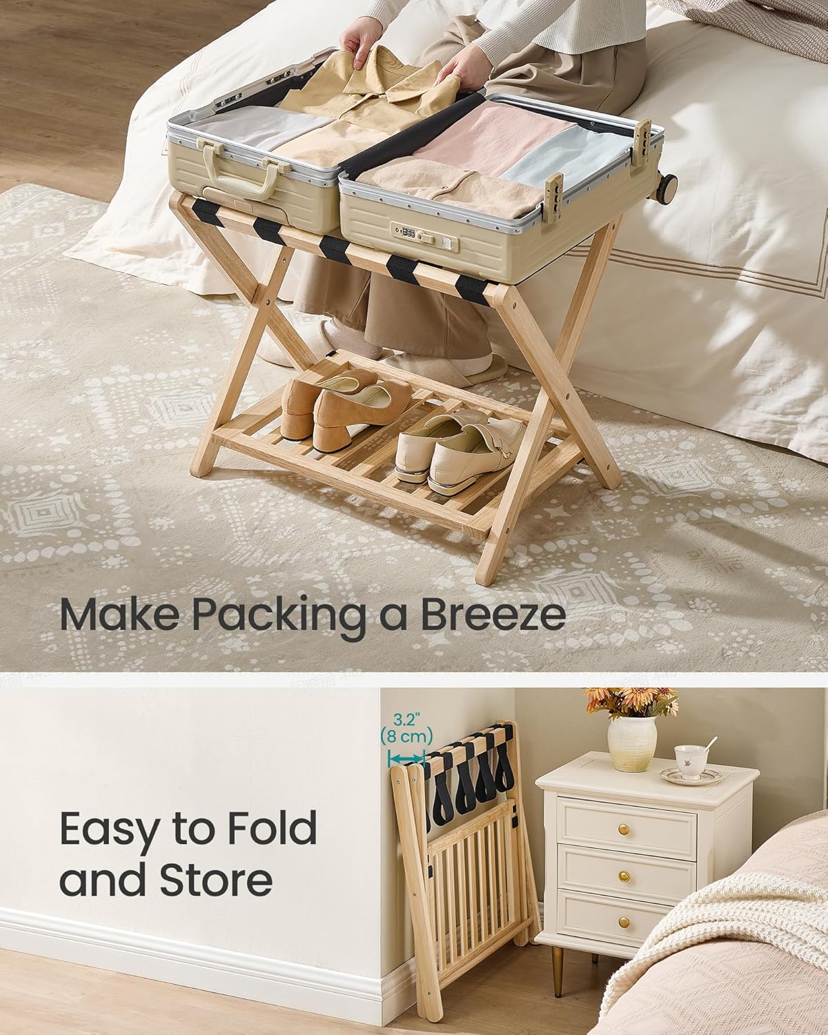 SONGMICS Solid Wood Luggage Rack for Guest Room