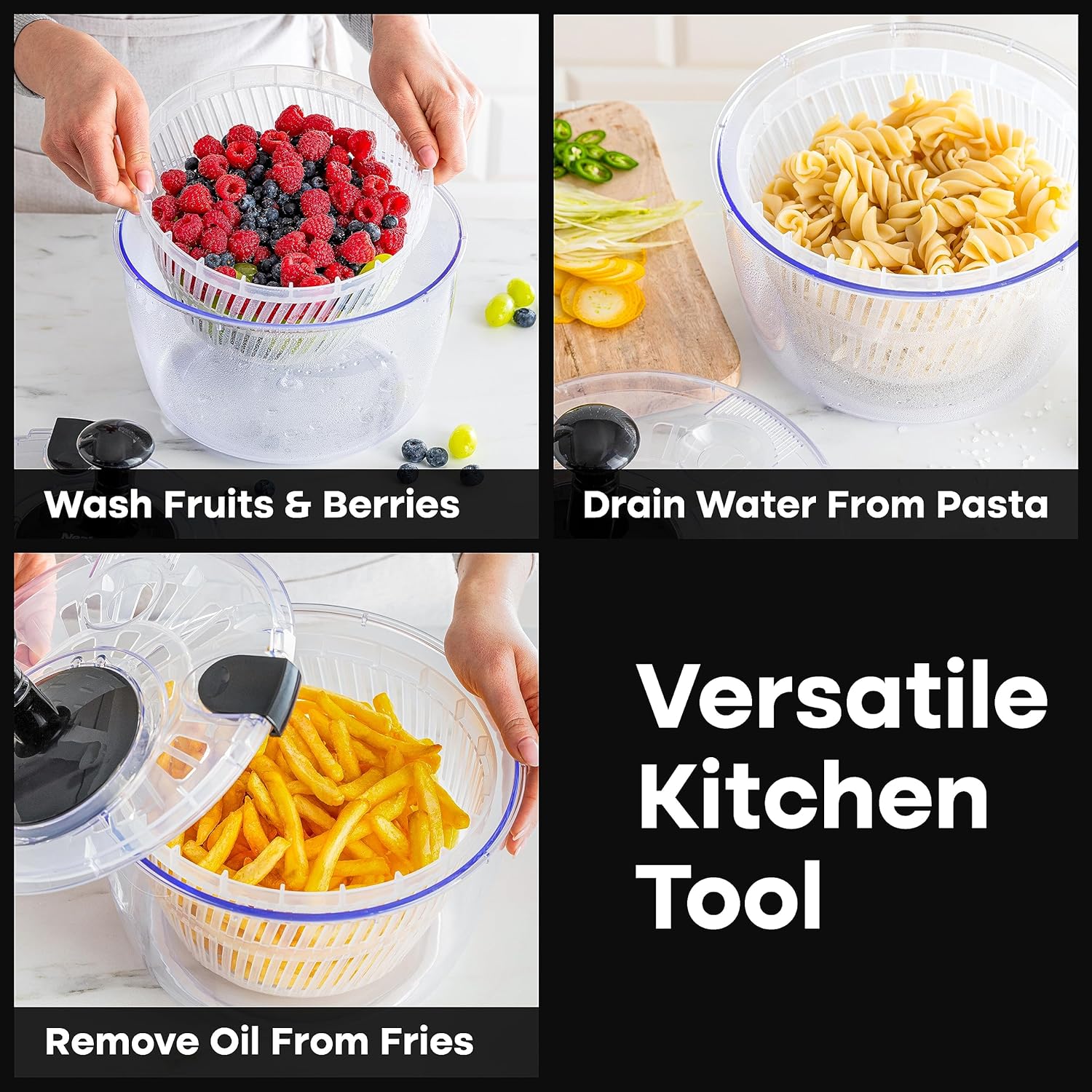 Joined Large Salad Spinner with Drain, Bowl, and Colander