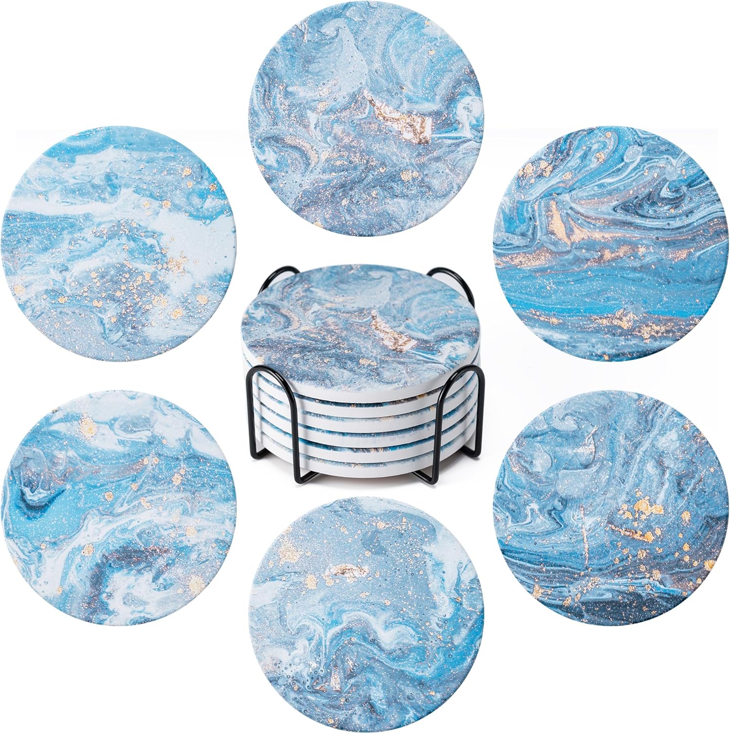 Drink Coasters with Holder Marble Style Ceramic