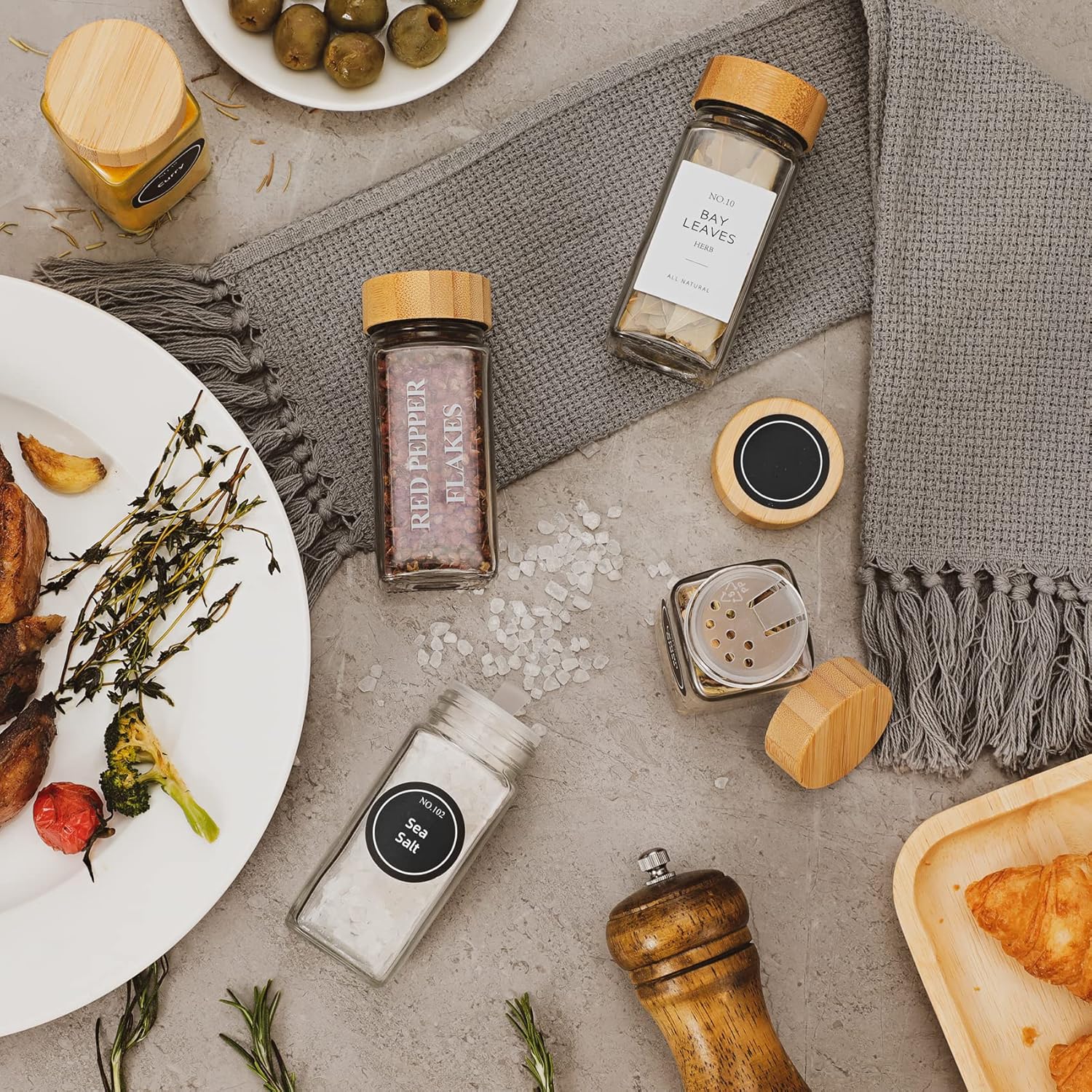 NETANY 24 Pcs Glass Spice Jars with Bamboo Lids