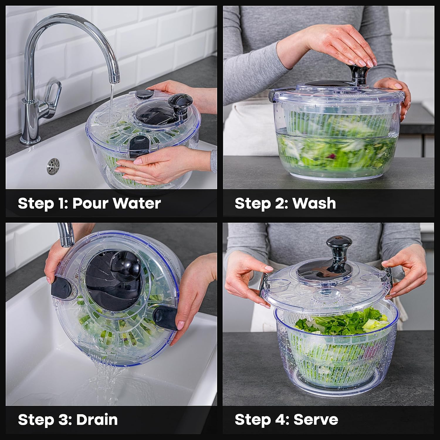 Joined Large Salad Spinner with Drain, Bowl, and Colander